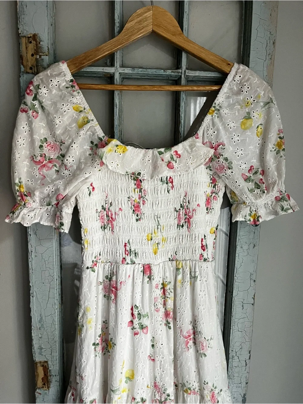 Crystal Sky Floral Eyelet Smocked Midi Dress - Size XS